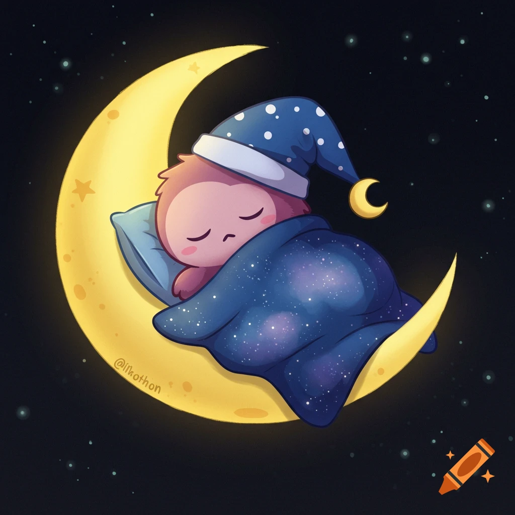 A cute pink creature sleeps on a glowing crescent moon under a starry blanket, wearing a polka-dotted nightcap in whimsical digital art.