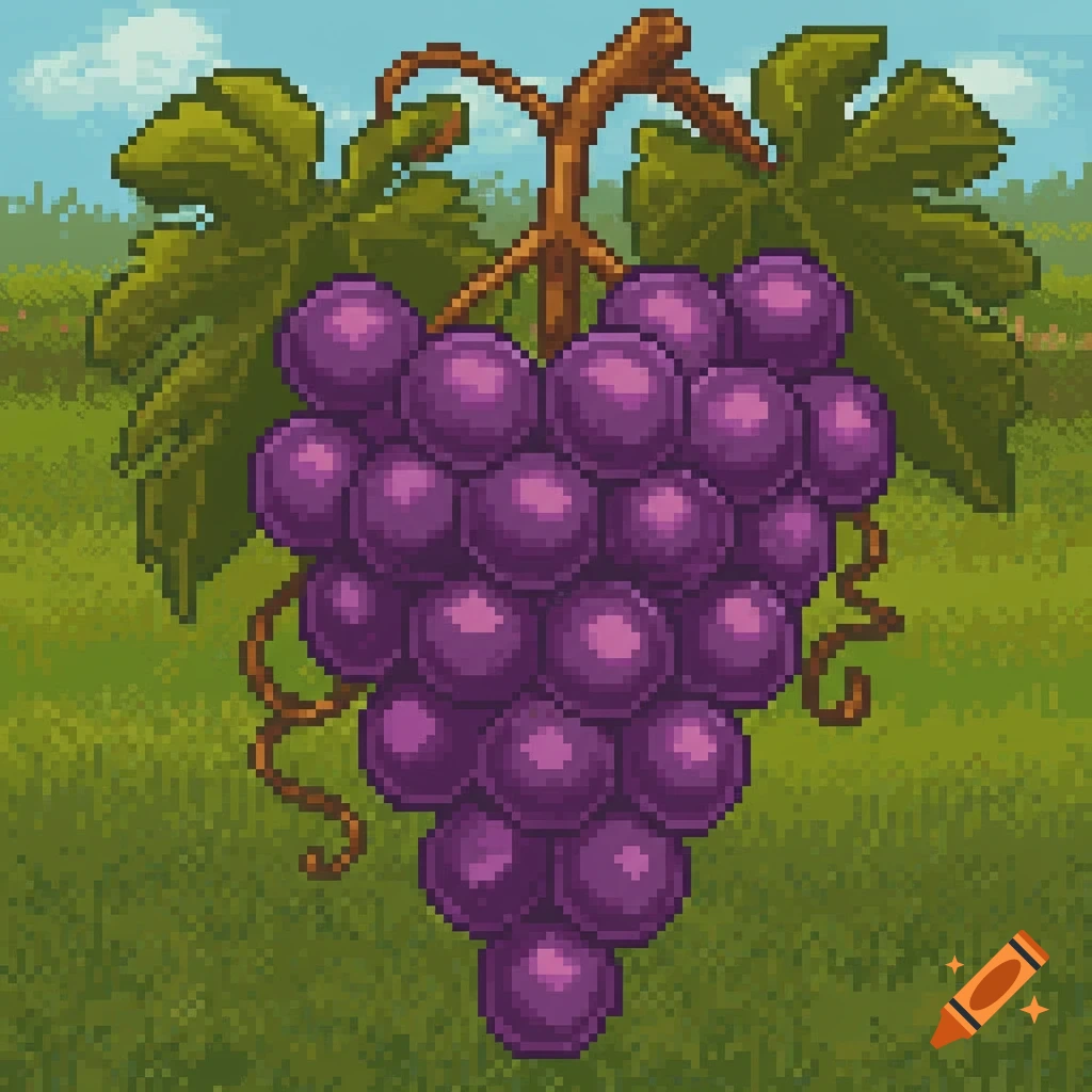 A pixel art bunch of purple grapes on a vine with green leaves, set against a pixelated field and blue sky, in Stardew Valley style.
