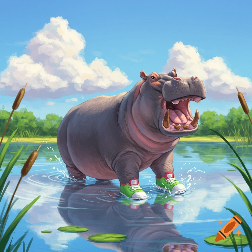 A cartoon hippopotamus with its mouth open, wearing green and white sneakers, stands in a blue lake with reeds and lily pads under a bright blue sky with clouds.