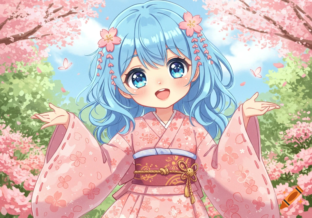 Cute anime girl with blue hair in a pink kimono, smiling happily amidst a vibrant cherry blossom garden.