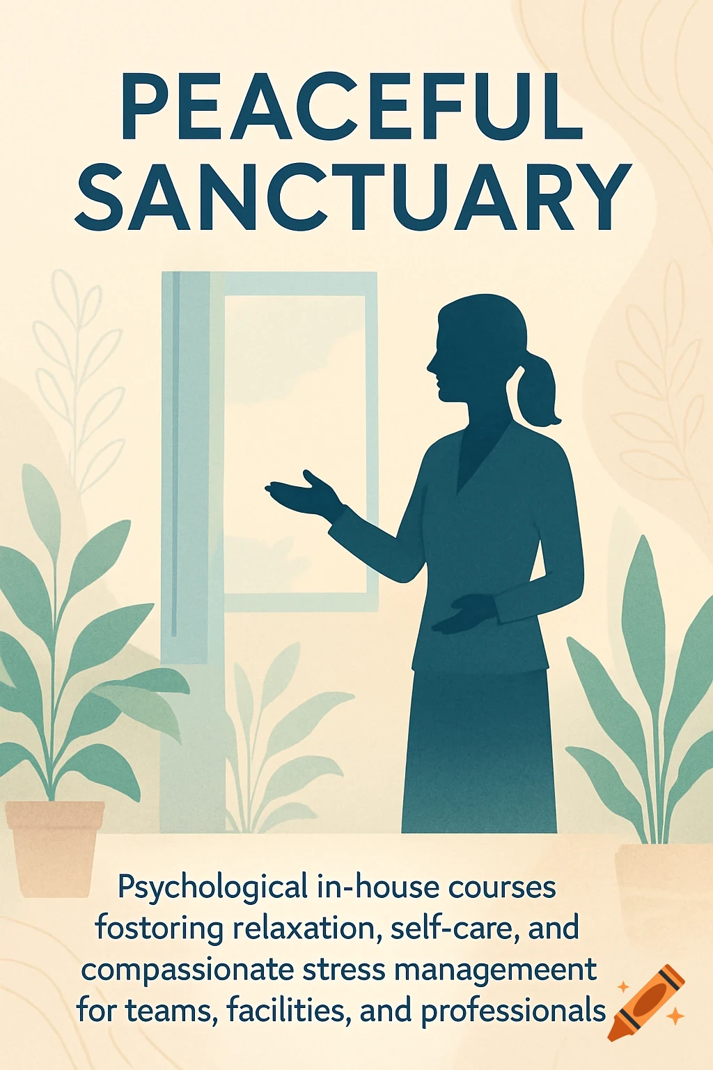 An illustration in a light beige, teal, and green palette. It shows the silhouette of a woman standing in front of a window, surrounded by potted plants. Bold text above reads "PEACEFUL SANCTUARY," and descriptive text below discusses psychological in-house courses.