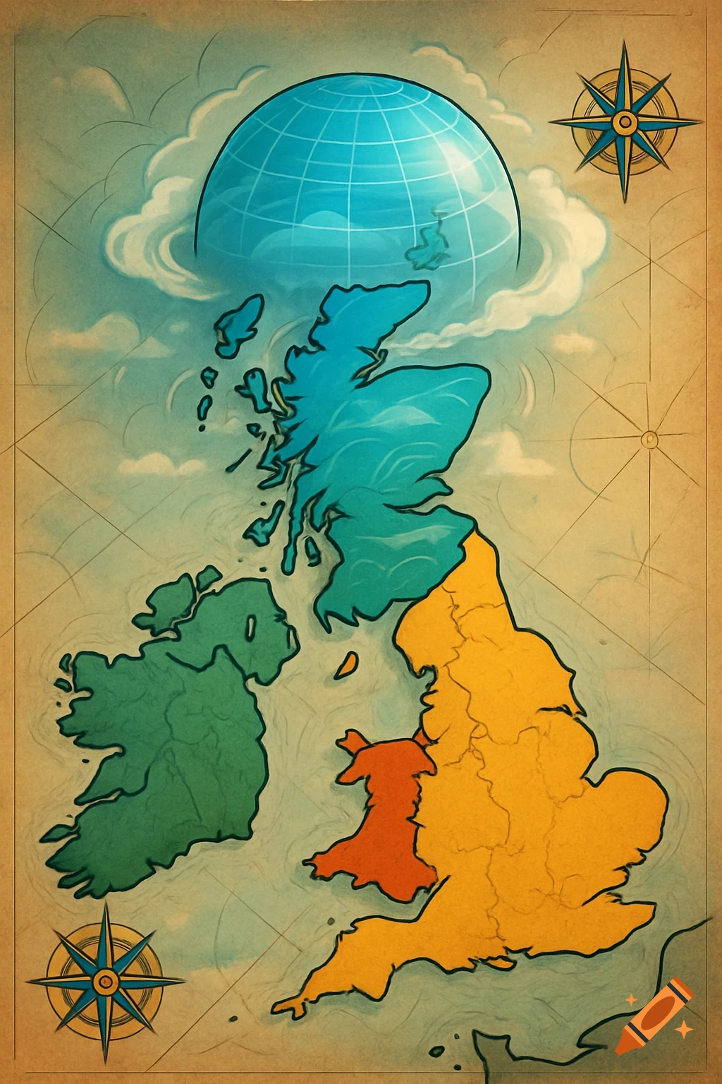 Stylized vintage map of the UK and Ireland with a blue globe above Scotland, on aged paper with compass roses.