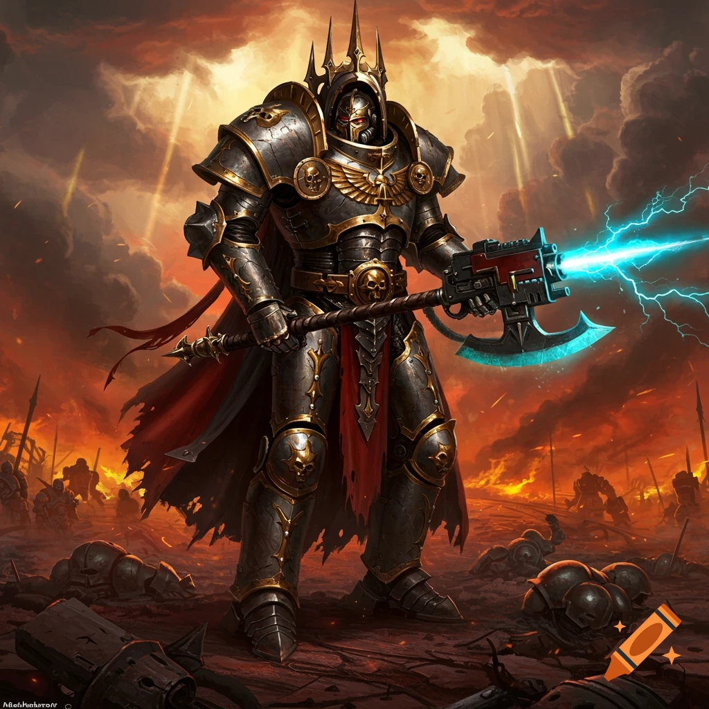 A heavily armored Warhammer 40k-style knight in black and gold armor, holding an energy axe, stands on a fiery battlefield.