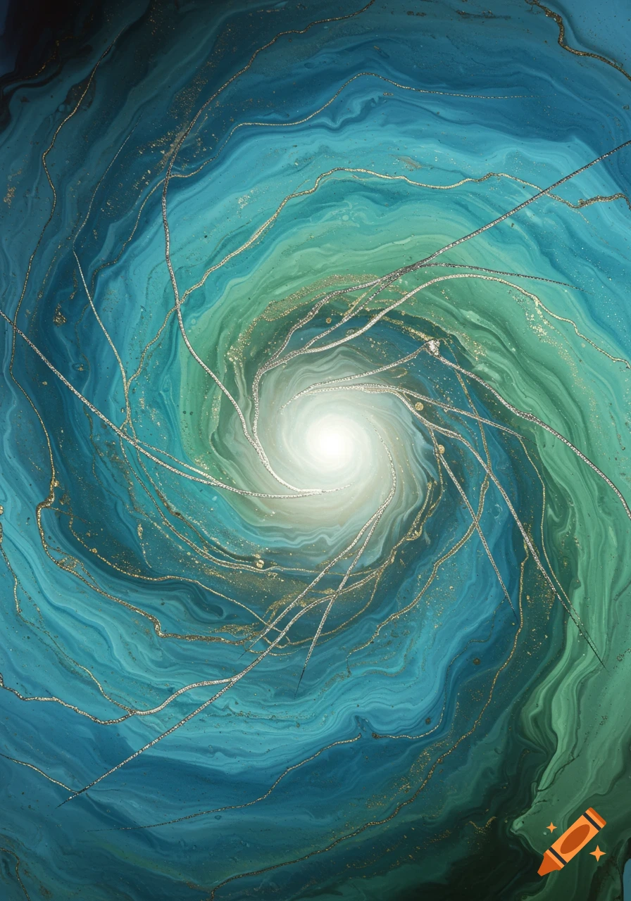 Vibrant abstract swirl of teal, blue, and green with a bright white center and radiating glitter lines.