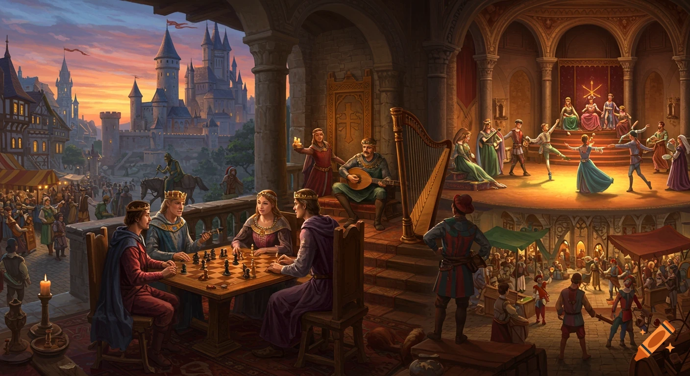 A grand medieval illustration depicts a bustling city and castle at sunset. Inside, royalty plays chess and watches dancers and musicians.