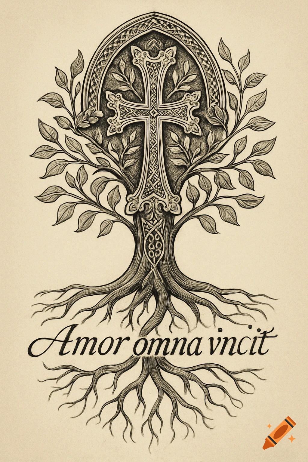 Detailed sketch of an ornate Armenian cross in a gothic arch atop a tree with roots, with the text "Amor omnia vincit".