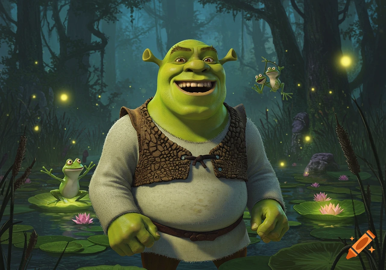 Shrek, the ogre, smiles in a misty swamp with fireflies and frogs.