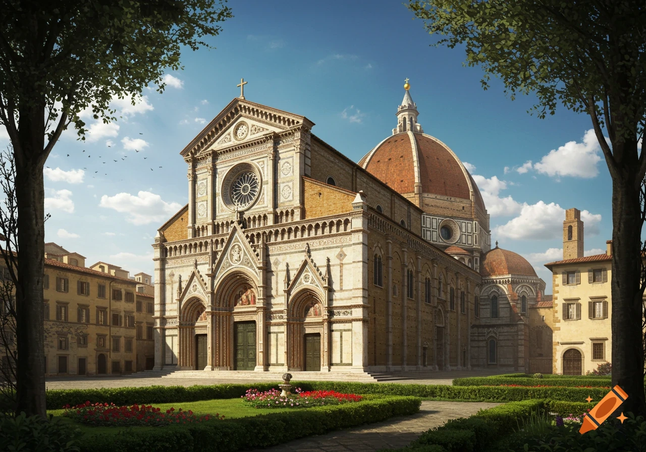 A photorealistic grand cathedral with an ornate facade and a large red dome, framed by trees and a garden under a blue sky.