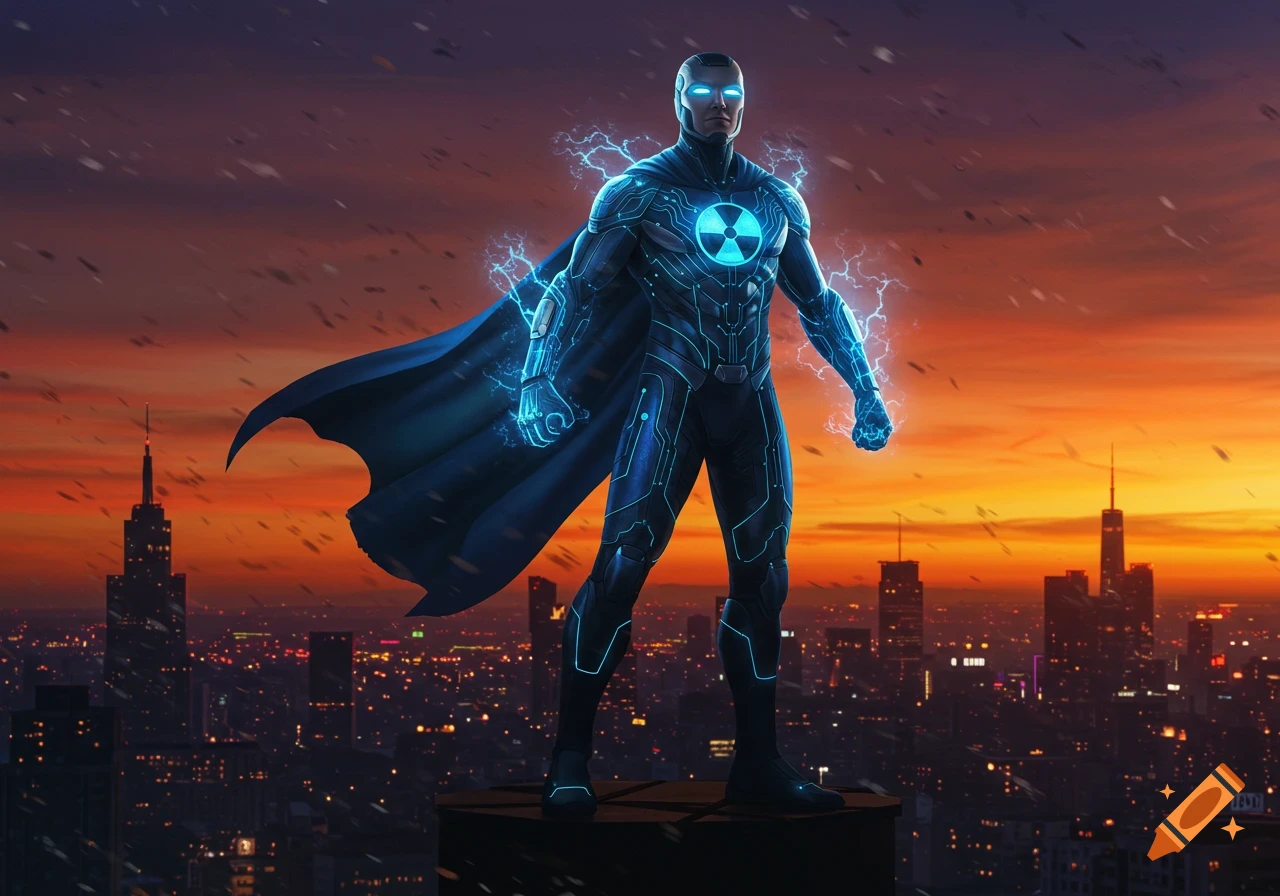 A glowing blue superhero with a nuclear symbol on his chest stands on a skyscraper overlooking a city at sunset.