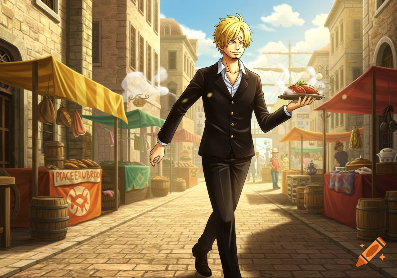 Anime character Sanji in a black suit walks through a bustling outdoor market, holding a steaming plate of food.