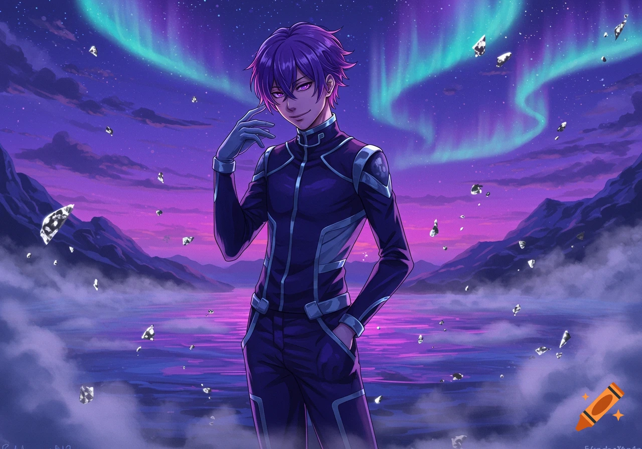 A confident anime man with purple hair and glowing eyes in a dark suit stands under a green aurora in a mystical, misty purple landscape with floating rocks.