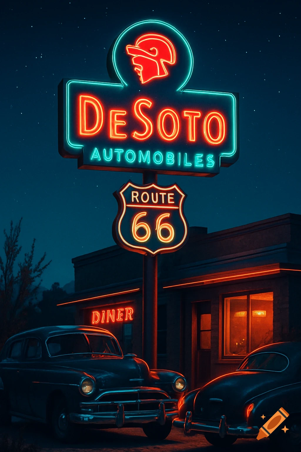 A vibrant neon sign for 'DeSoto Automobiles' and 'Route 66' illuminates classic cars parked outside a diner at night.