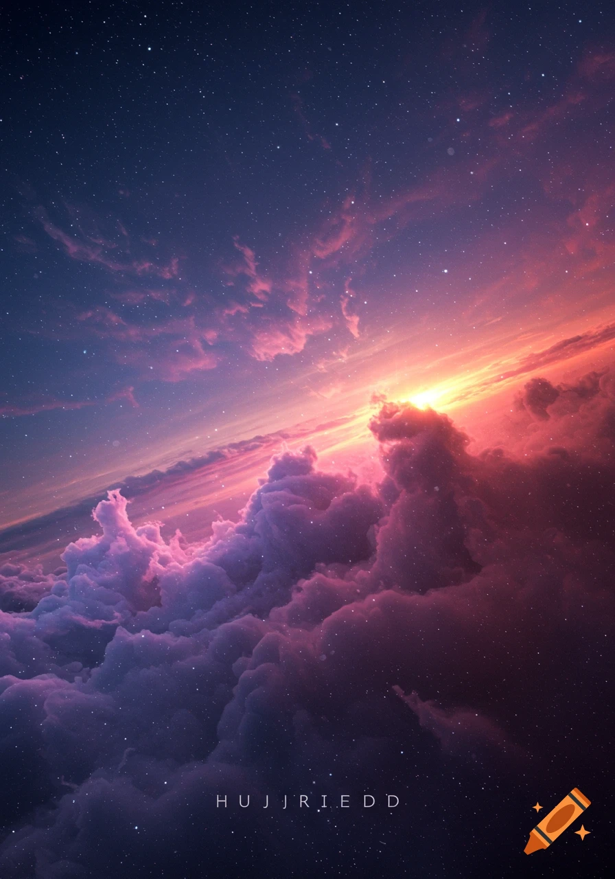 A vibrant starry sky with pink and purple ethereal clouds, illuminated by a bright golden celestial light, resembling a nebula.