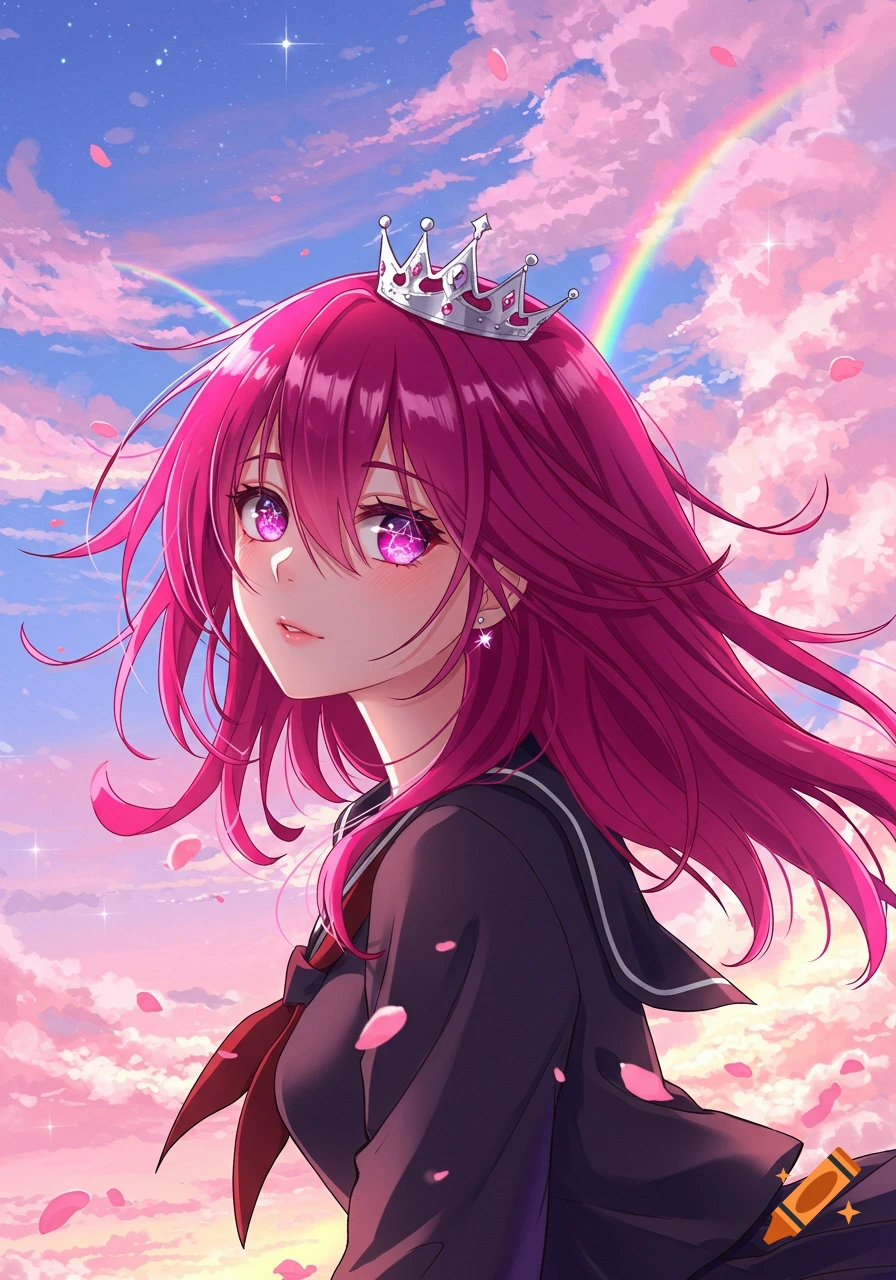 An anime girl with long magenta hair, pink star eyes, and a silver crown, wearing a black schoolgirl uniform, in a dreamy sky with pink clouds, rainbows, and falling petals.