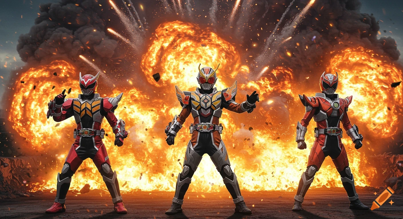 Three Japanese tokusatsu heroes in biomechanical armor stand dynamically before massive explosions in a burning quarry.