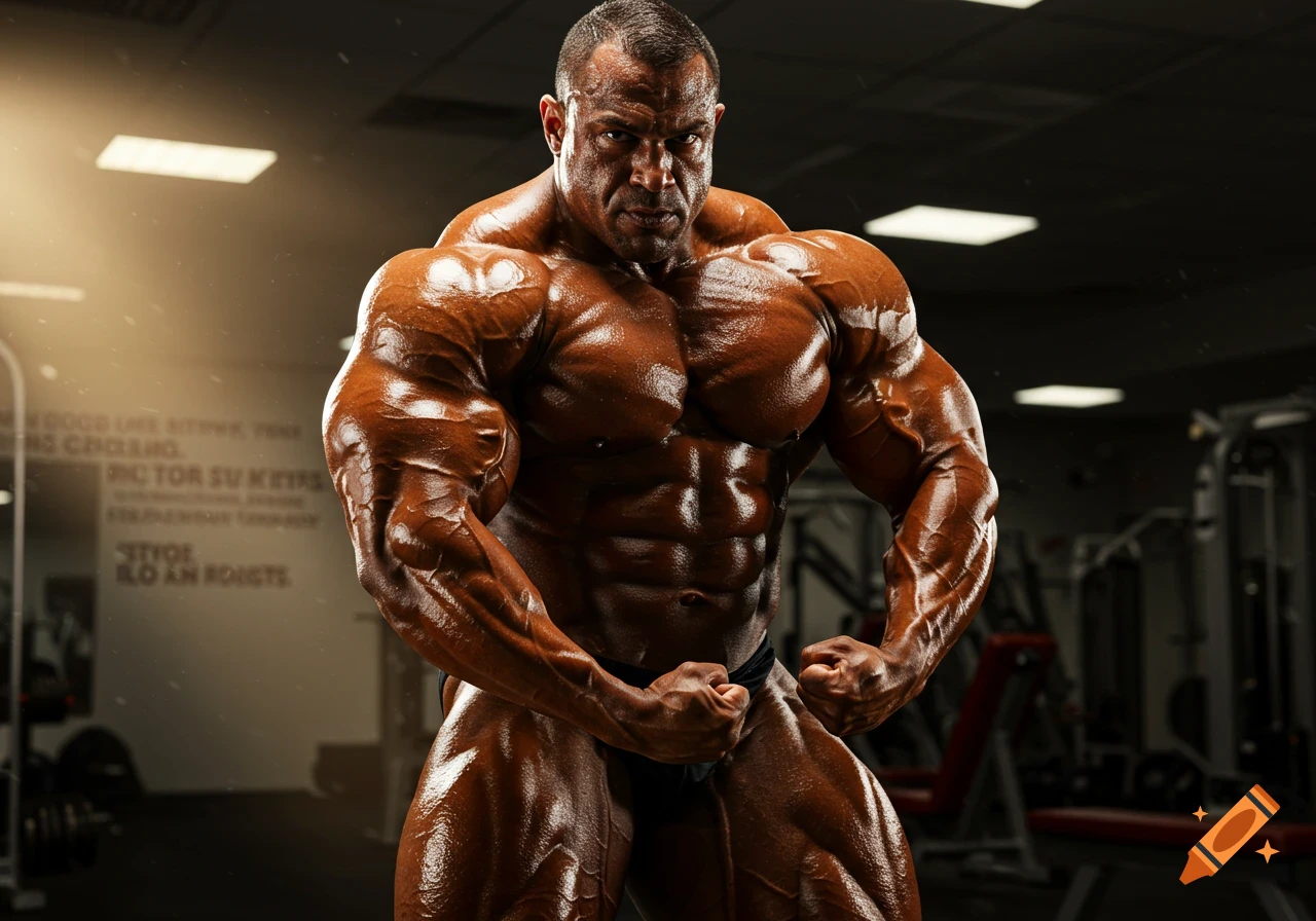 Photorealistic image of a very muscular bodybuilder posing in a dimly lit gym.