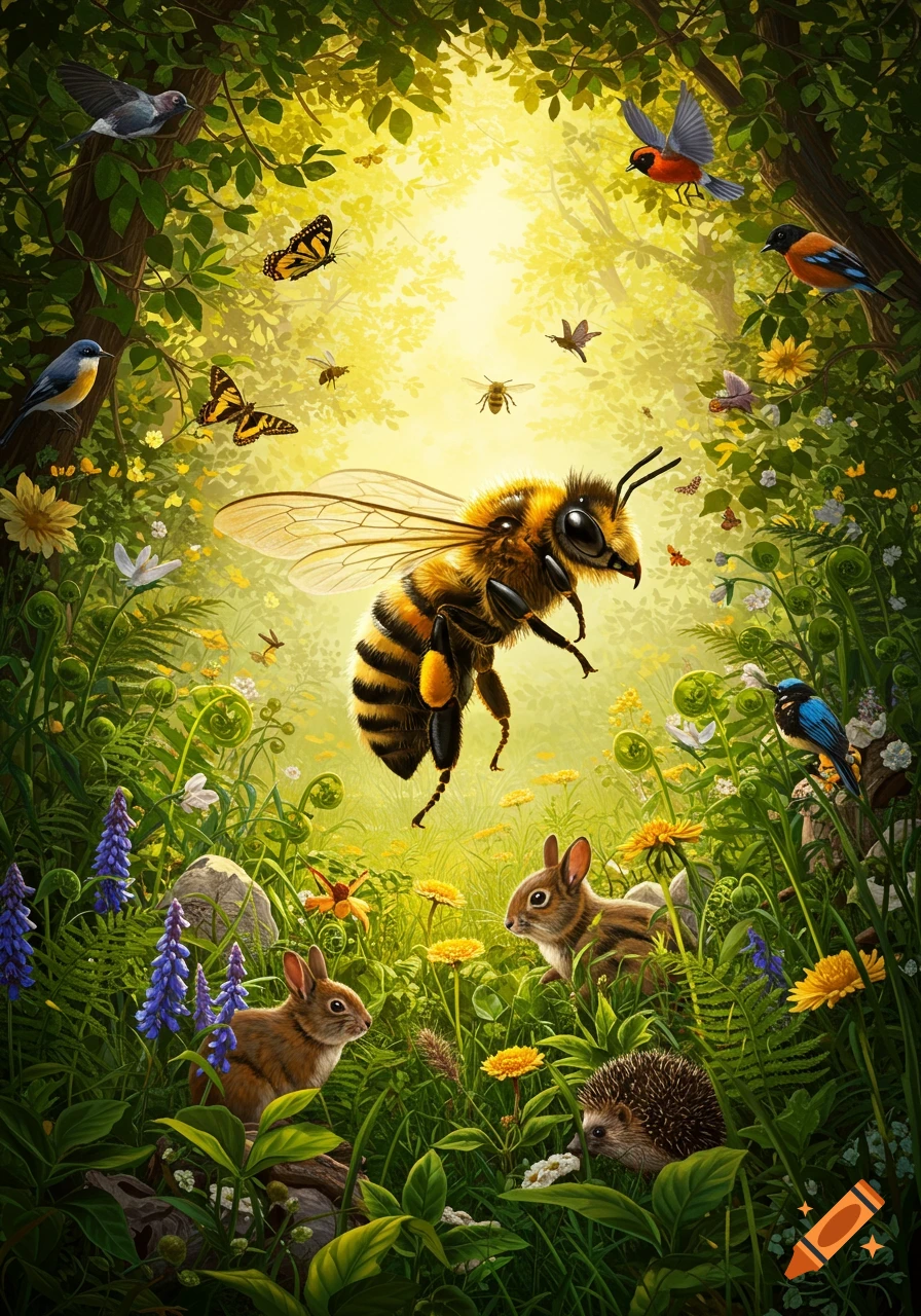 A vibrant illustration of a large bee hovering in a sunlit forest clearing, with rabbits, birds, a hedgehog, butterflies, and wildflowers.