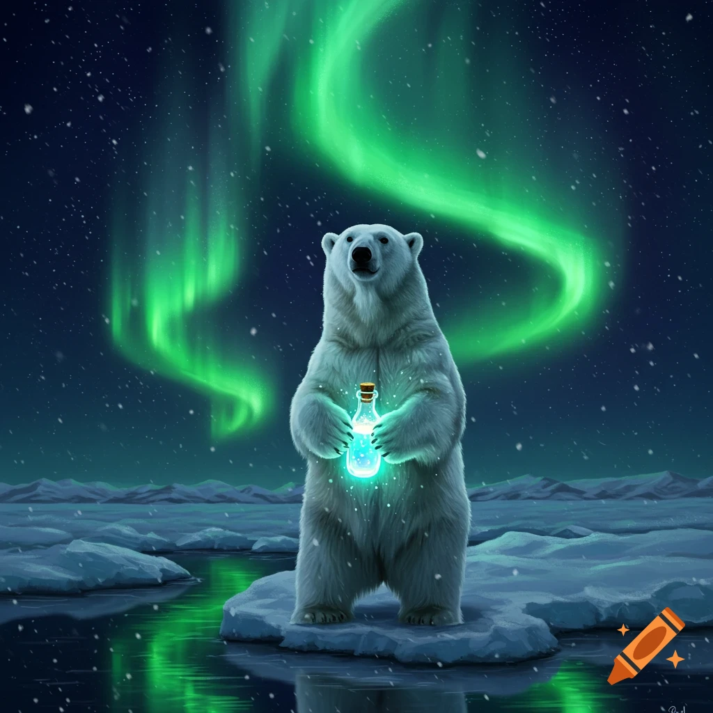 A polar bear stands on an ice floe, holding a glowing blue magic potion under a vibrant green northern lights sky.