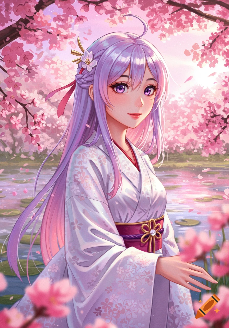 An anime girl with long purple hair and a white kimono stands among pink cherry blossoms next to a pond.