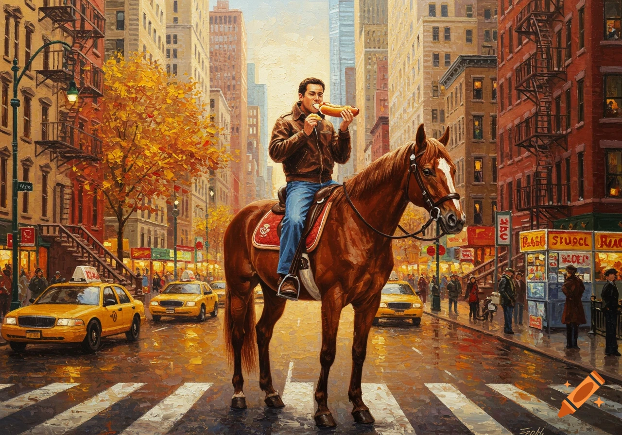 Oil painting of a man on horseback eating a hotdog in a busy New York City street with yellow taxis.