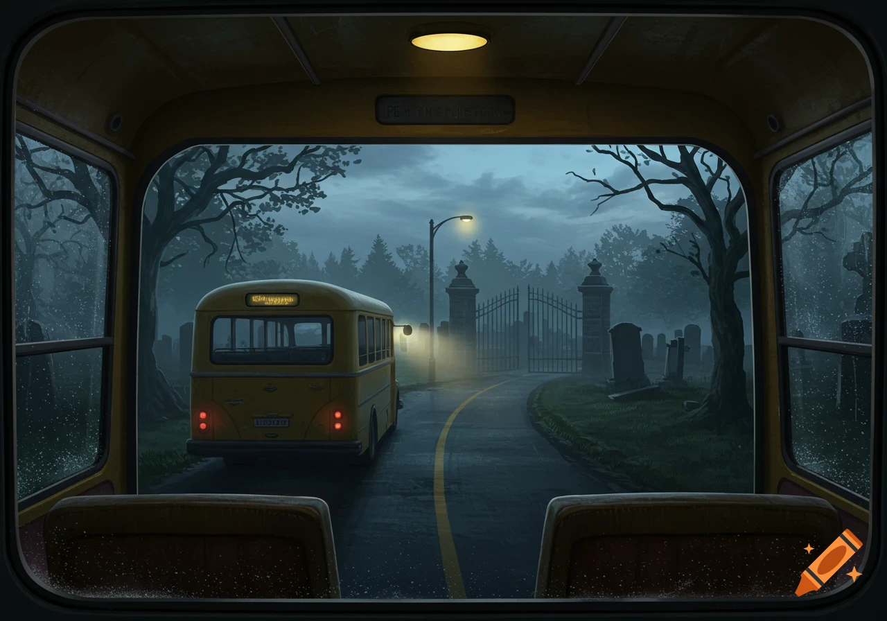 View from inside a bus at night, looking out at a yellow bus driving towards a foggy cemetery gate with gravestones under a cloudy sky.