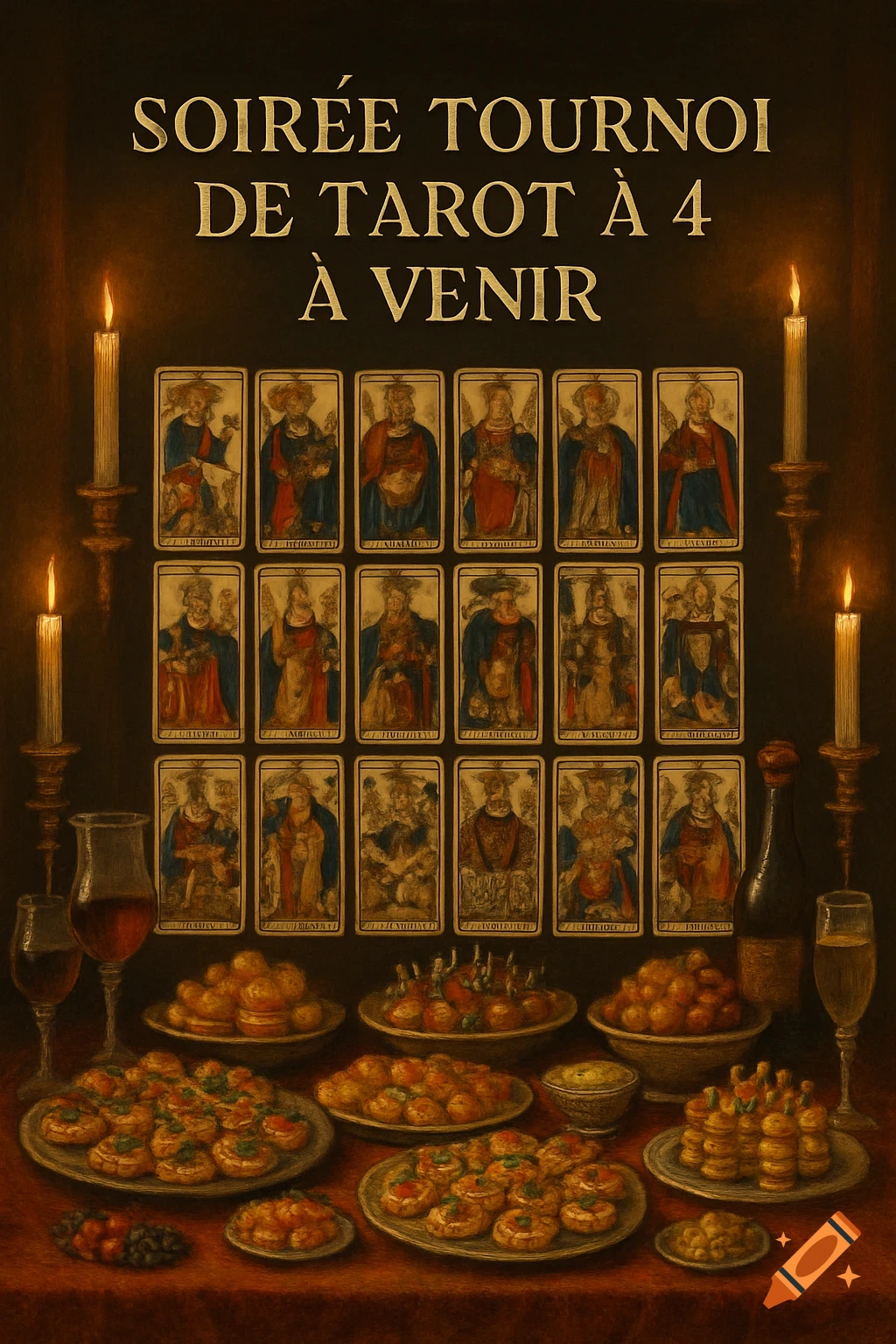 A dark, warm still life with burning candles, a lavish buffet, and 21 vintage tarot cards displayed above, with the text "SOIRÉE TOURNOI DE TAROT À 4 À VENIR" at the top.