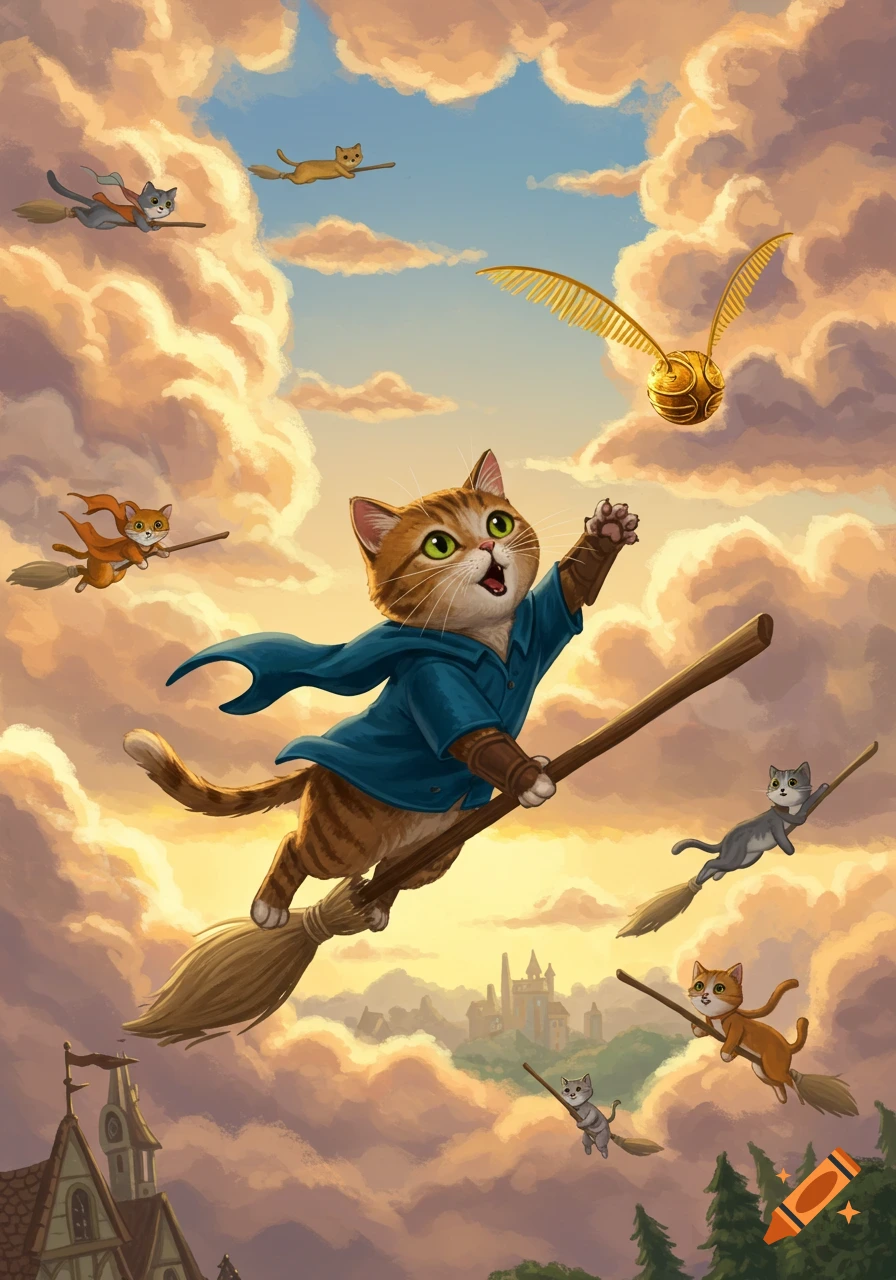 Cartoon cats fly on brooms in a cloudy sky, playing Quidditch with a golden snitch and a distant castle.