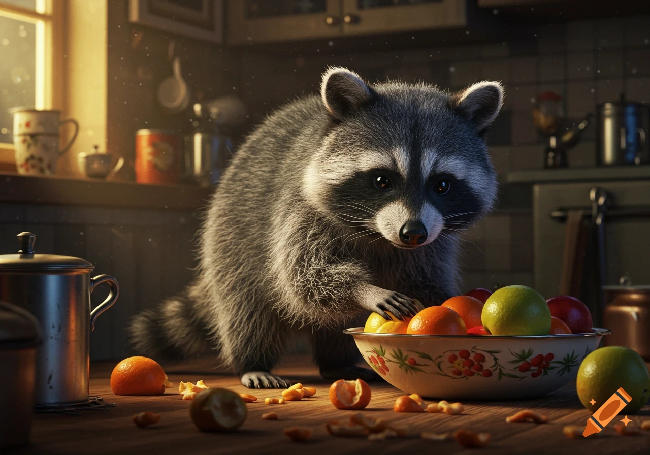 A realistic fluffy raccoon with big eyes stands over a bowl of fruit on a wooden kitchen counter, with orange peels scattered around.