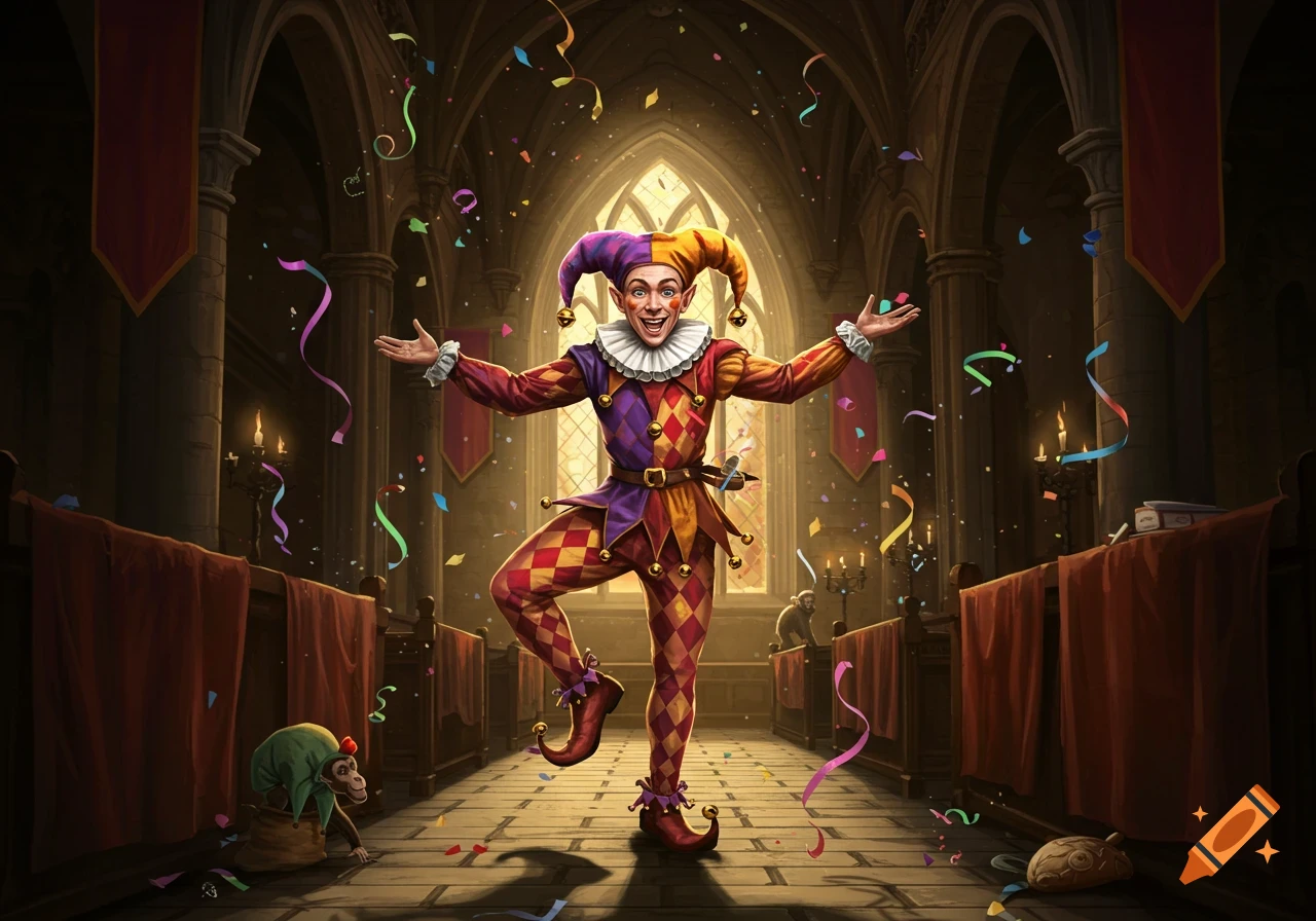 A colorful jester in a vaulted hall poses as confetti falls, with a monkey nearby. Detailed fantasy illustration.