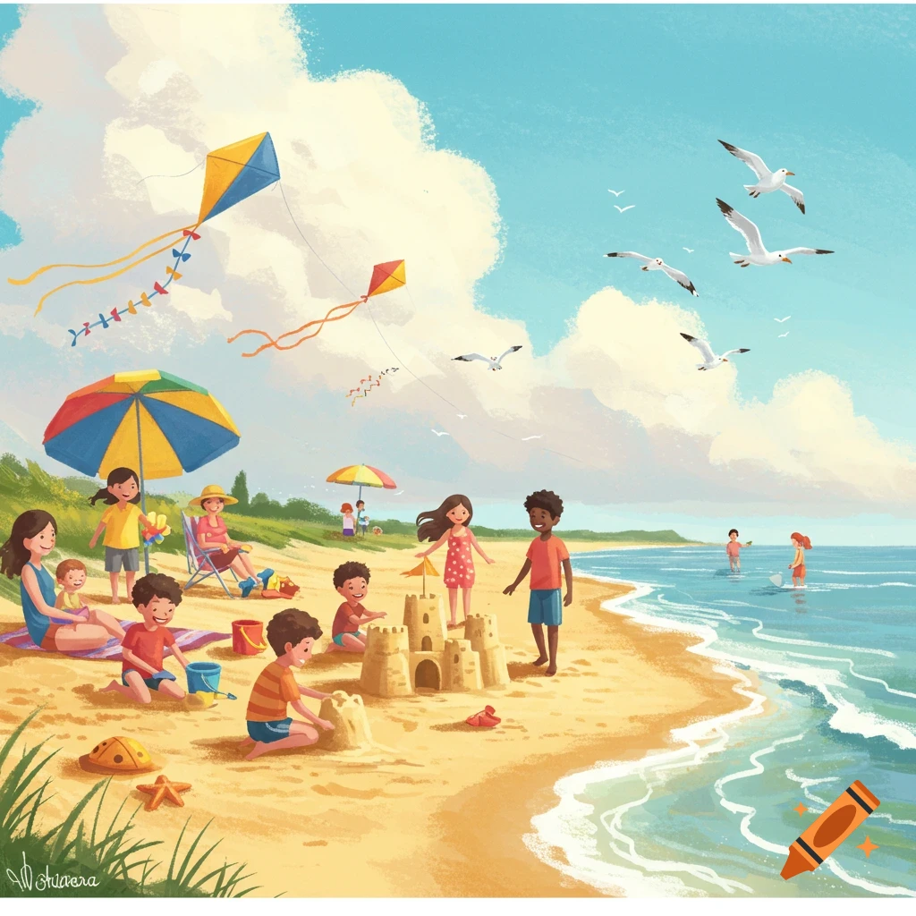 Illustration of families and children playing on a sunny beach, building sandcastles, flying kites, with seagulls flying.