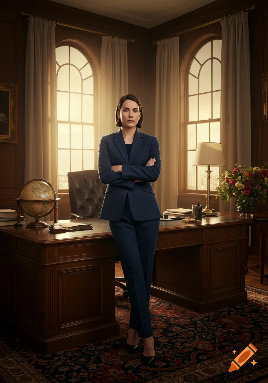 A serious woman in a navy suit stands with crossed arms in a lavish office, a globe and flowers on the large wooden desk behind her.