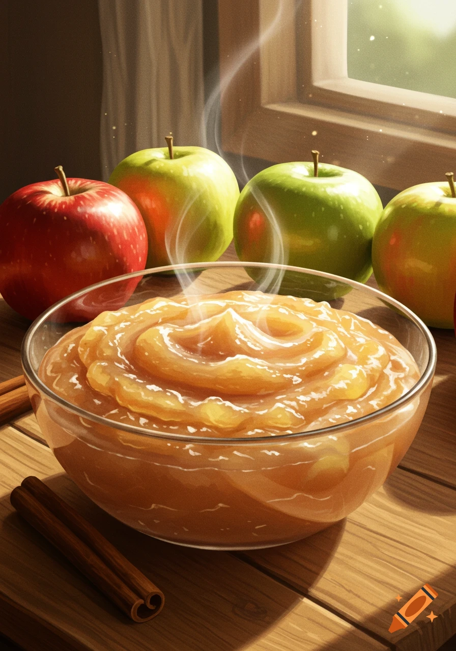 A warm bowl of applesauce with steam rising, surrounded by red and green apples and cinnamon sticks on a rustic wooden table.