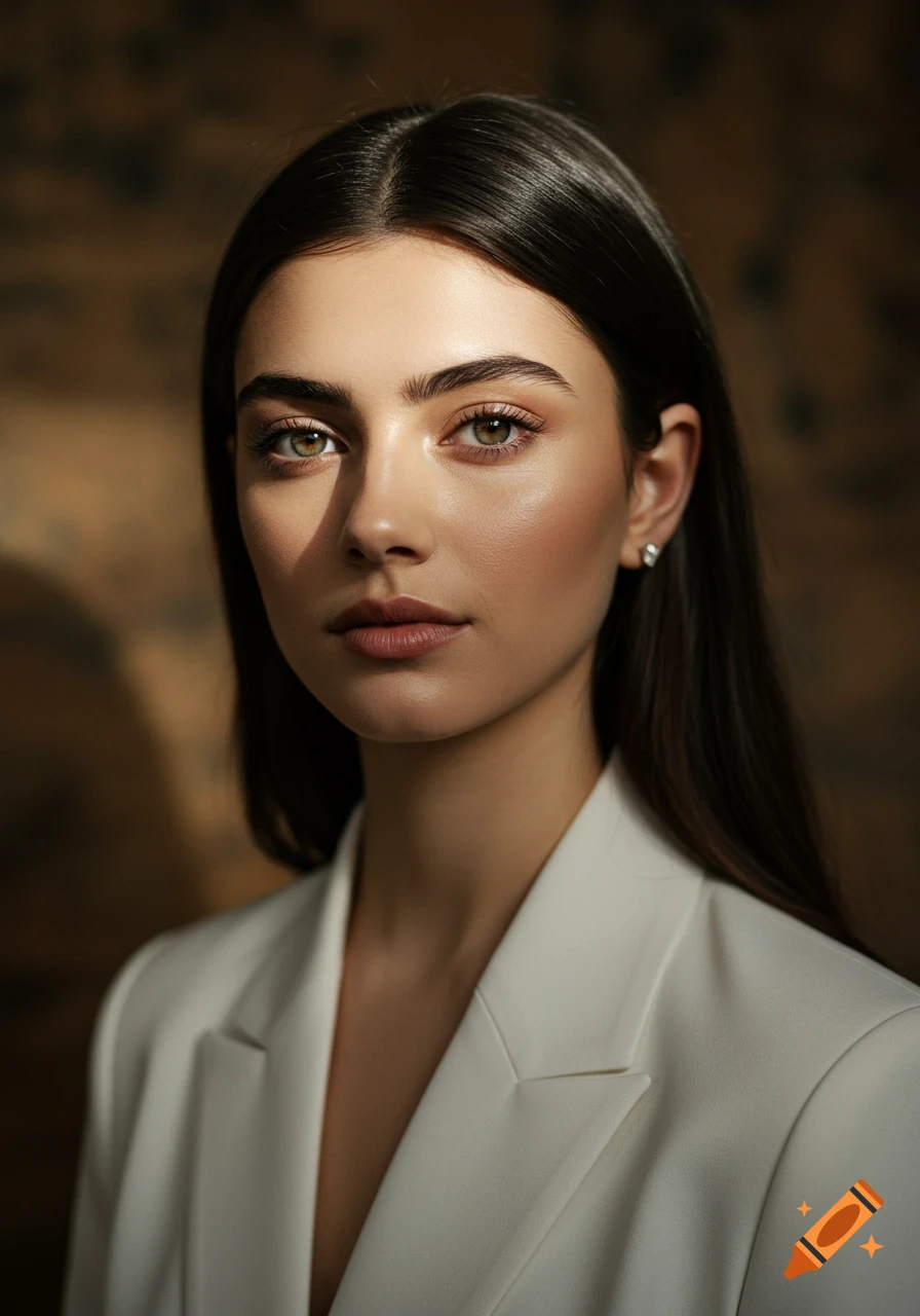 Close-up photorealistic portrait of a young woman with dark hair and striking eyes, wearing a white blazer, with dramatic lighting.