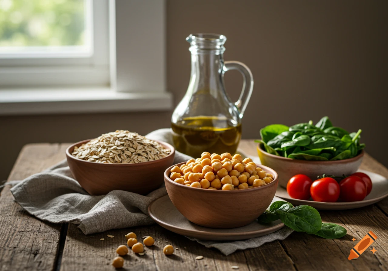 Photorealistic still life of oats, chickpeas, spinach, cherry tomatoes, and olive oil in bowls on a rustic wooden table.