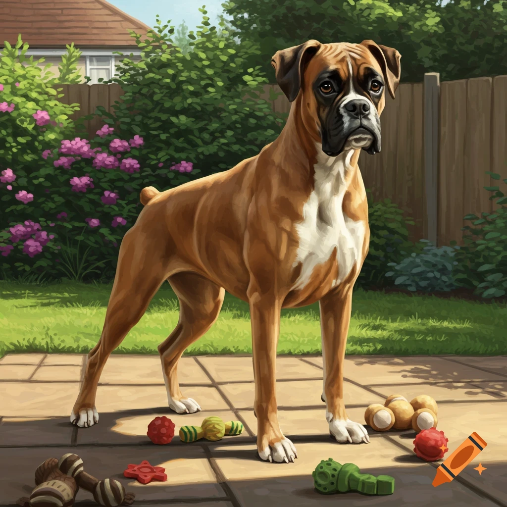 A fawn and white boxer dog stands attentively in a sunny backyard surrounded by various dog toys on a patio.