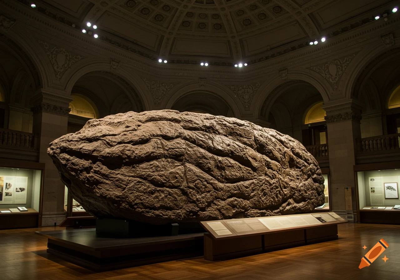 A massive, dark brown, fossilized object, resembling a large coprolite or rock formation, displayed on a platform in a grand museum hall with ornate architecture and dim lighting.