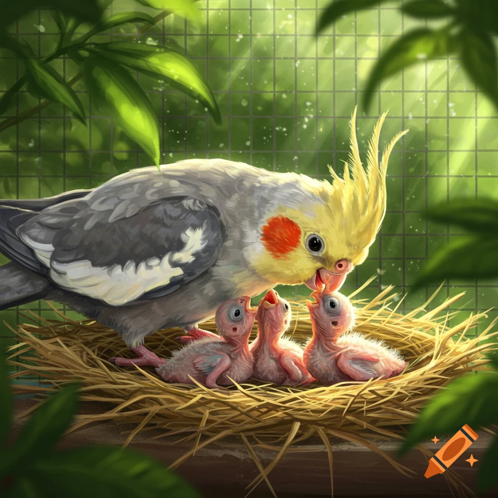 A mother cockatiel feeds her three hungry chicks in a nest, surrounded by green leaves, digital painting.