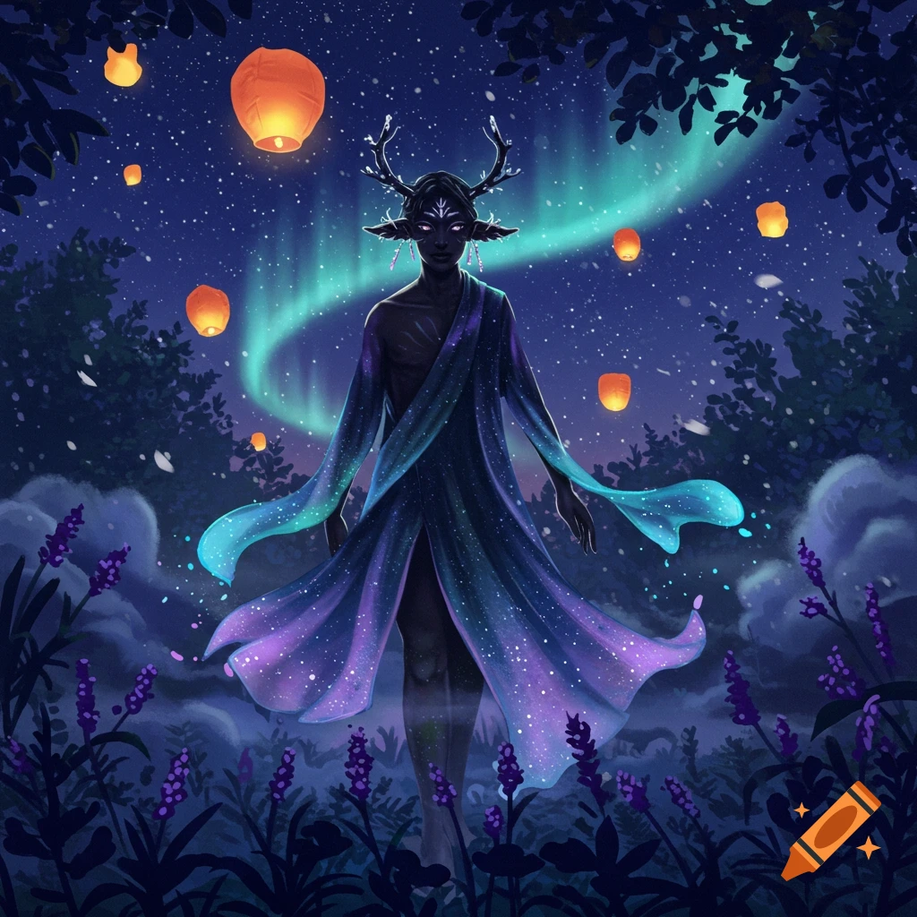 A dark-skinned, antlered fantasy figure in a starry gown stands in a lavender field under a night sky with aurora borealis and floating lanterns.