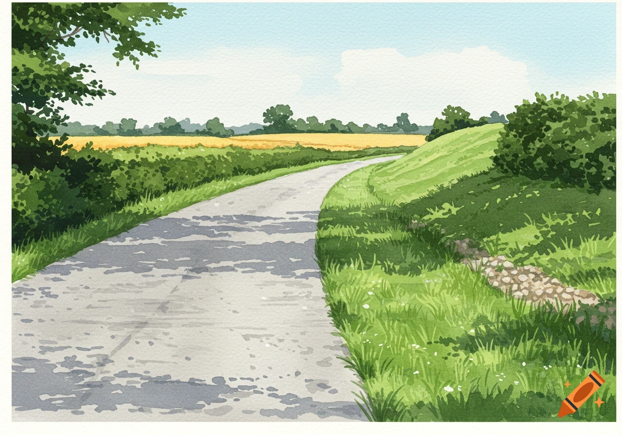 A serene watercolor painting of a winding road through a green rural landscape, with fields and trees under a clear sky.