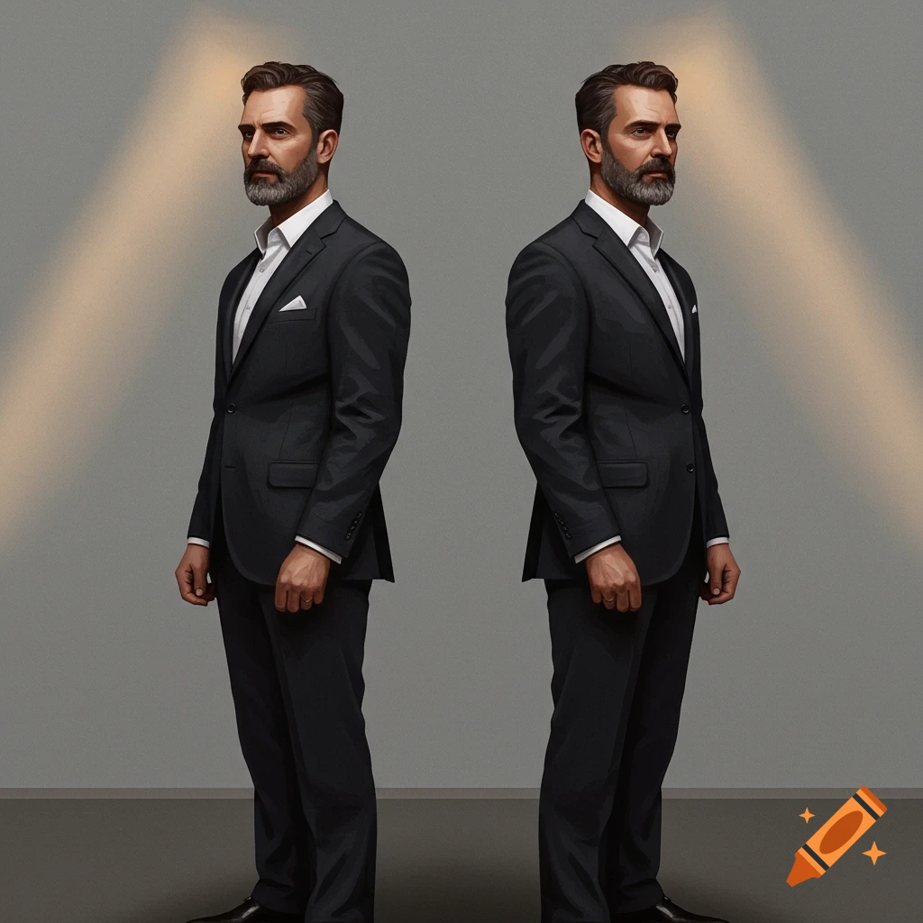 Two identical bearded men in dark suits with white shirts stand against a gray background with warm spotlights.