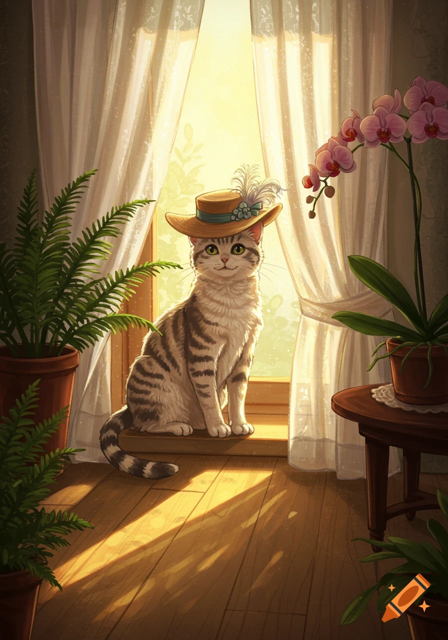 A tabby cat wearing a straw hat with a feather sits on a sunlit windowsill between green plants and white curtains.