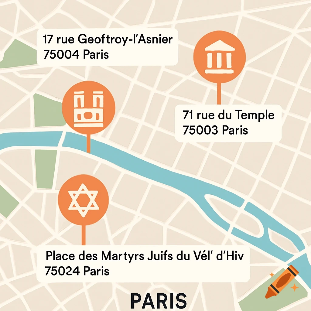A modern, stylized vector illustration map of Paris with the river Seine, streets, and three orange markers indicating specific addresses with distinct icons: a church, a building, and a Star of David.