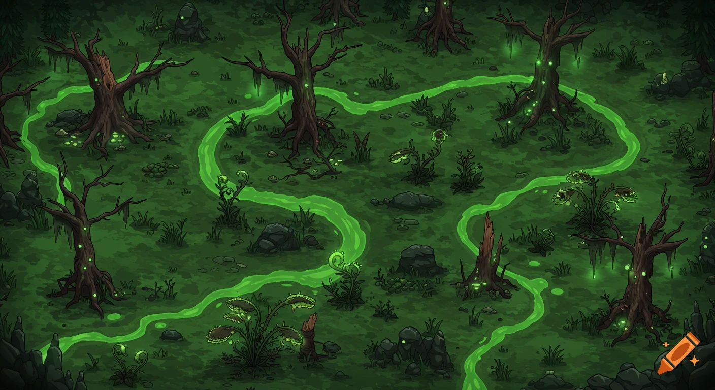 An isometric top-down view of a dark, toxic green swamp with gnarled, decaying trees and glowing carnivorous plants.