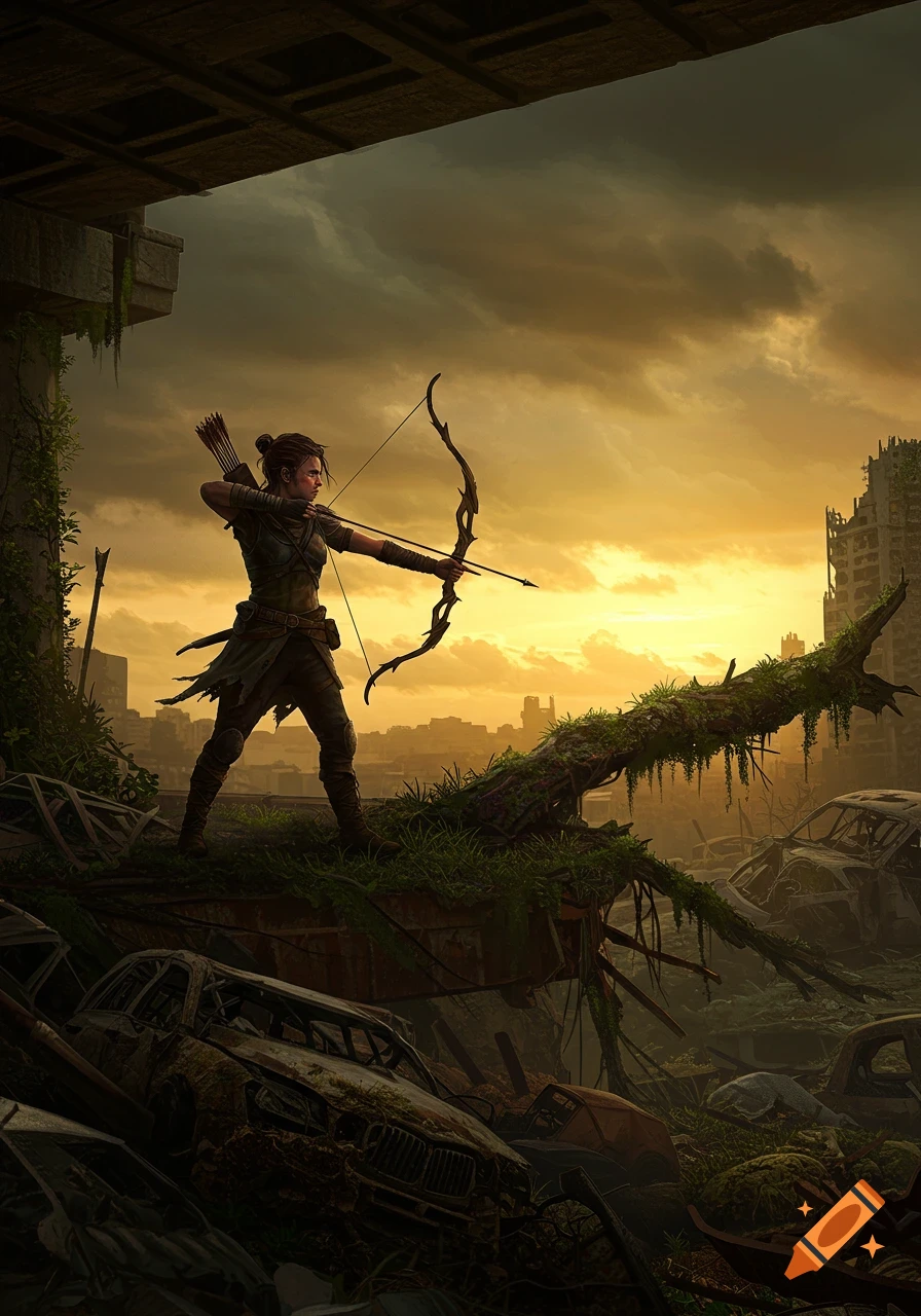 Female archer stands on overgrown debris in a post-apocalyptic city at sunset, aiming her bow.