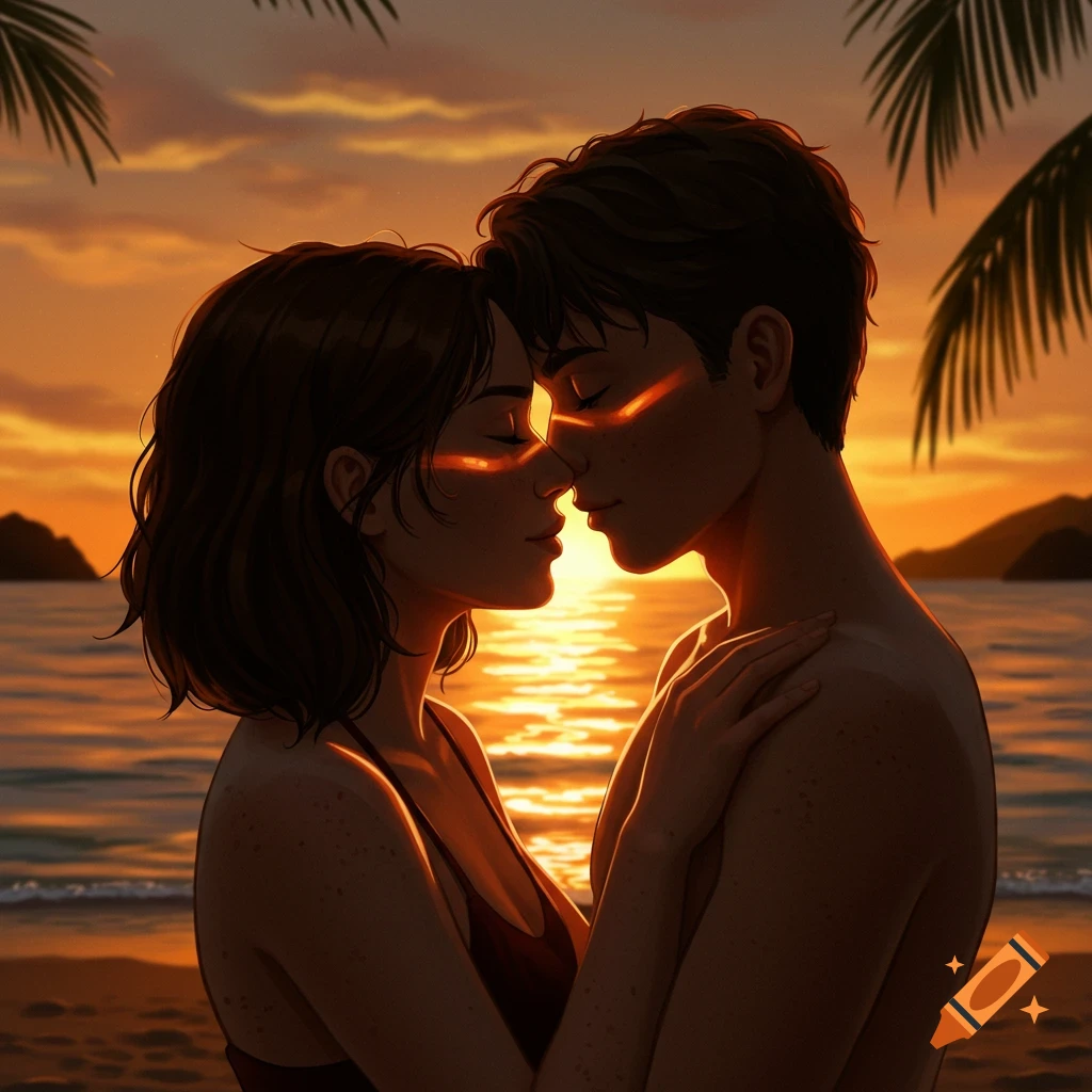 A stylized illustration of a couple embracing on a beach at sunset, with golden light reflecting on the water and through palm leaves.