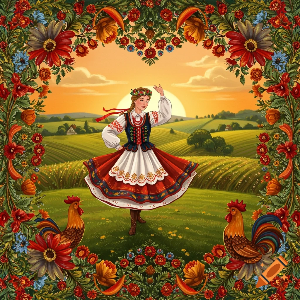 A woman in a traditional Polish folk dress dances in a green field with roosters, framed by a vibrant floral border at sunset.