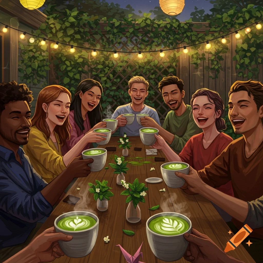 A group of diverse friends laughing and toasting with matcha drinks at an outdoor night gathering under string lights, in an illustrated style.