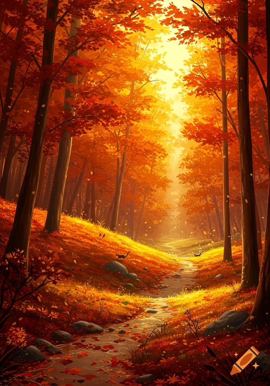 A vibrant, stylized autumn forest path illuminated by golden sunlight, with trees full of red and orange leaves.