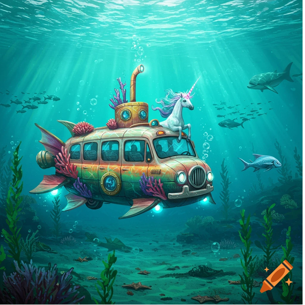 A colorful, whimsical bus-submarine with a unicorn perched on top, sailing through a vibrant underwater scene with fish and coral.