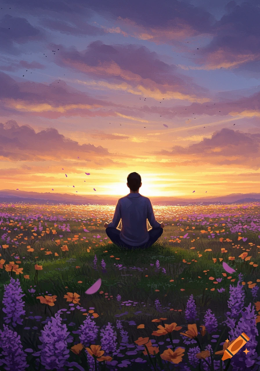 A person meditating in a vibrant flower field at sunset, with a colorful sky and flying petals. Illustrated style.